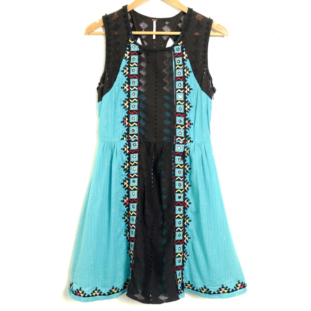 Free People SZ 6: Turquoise and Black Sleeveless Dress w/ Geometric Pattern